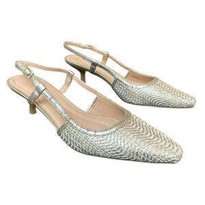 New Kenneth Cole Reaction Maggie Natural Gold Raffia Slingback Kitten Heels Size